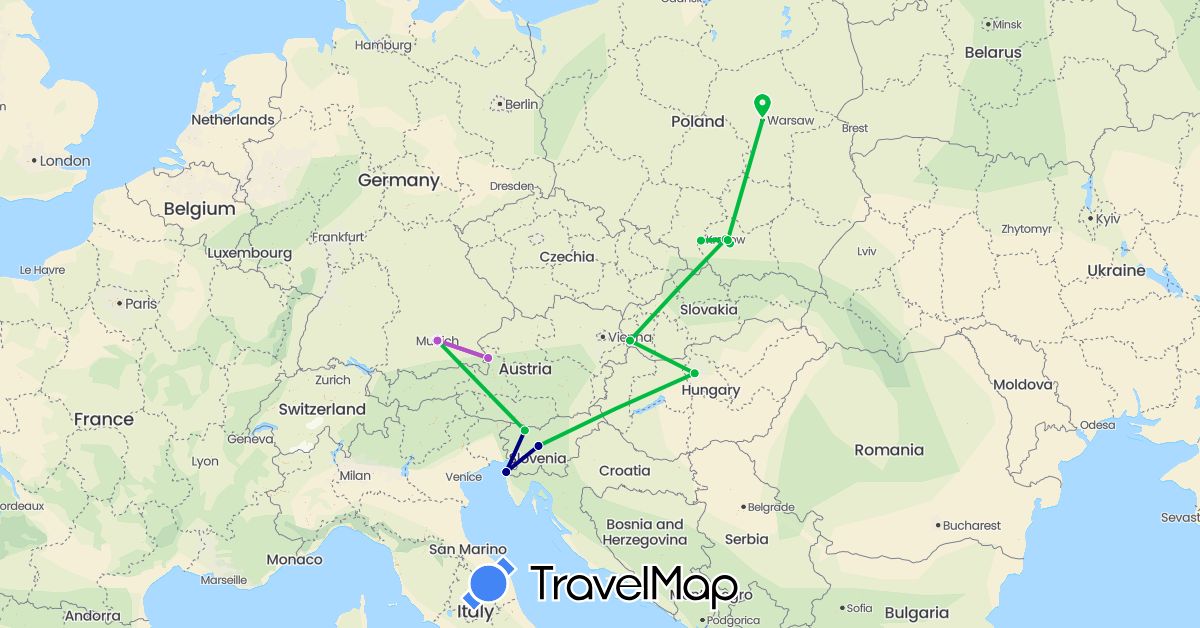 TravelMap itinerary: driving, bus, train in Austria, Germany, Hungary, Poland, Slovenia, Slovakia (Europe)